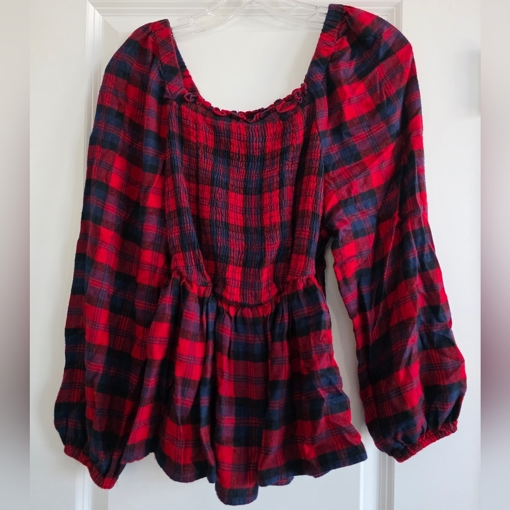 ❤️ 3 For 15 Torrid Red and Navy Plaid Smocked Peplum Blouse Size XL
